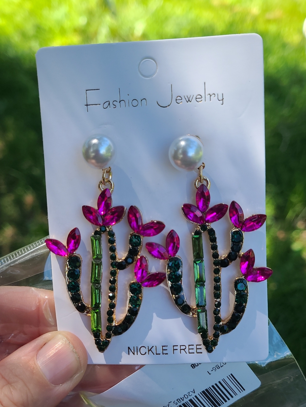 Fashion Jewelry Fuchsia & Emerald Cactus Drop Earrings with Pearl Tops